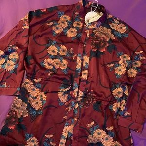 Boohoo brand — floral print luxe shirt dress (berry color)